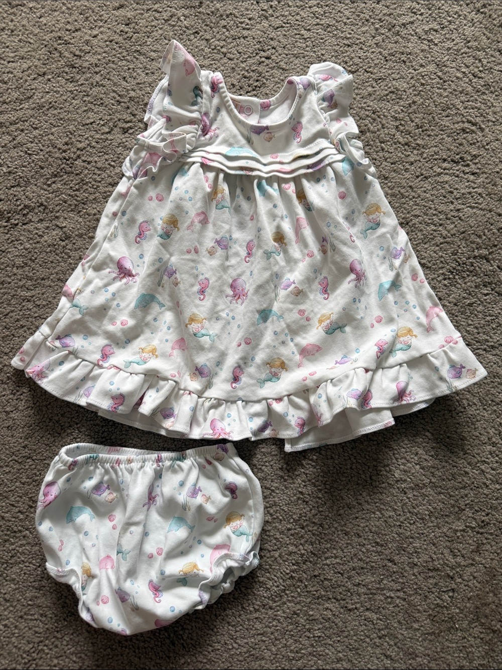 Baby Girls White Mermaid Print Matching Dress & Bloomers Set